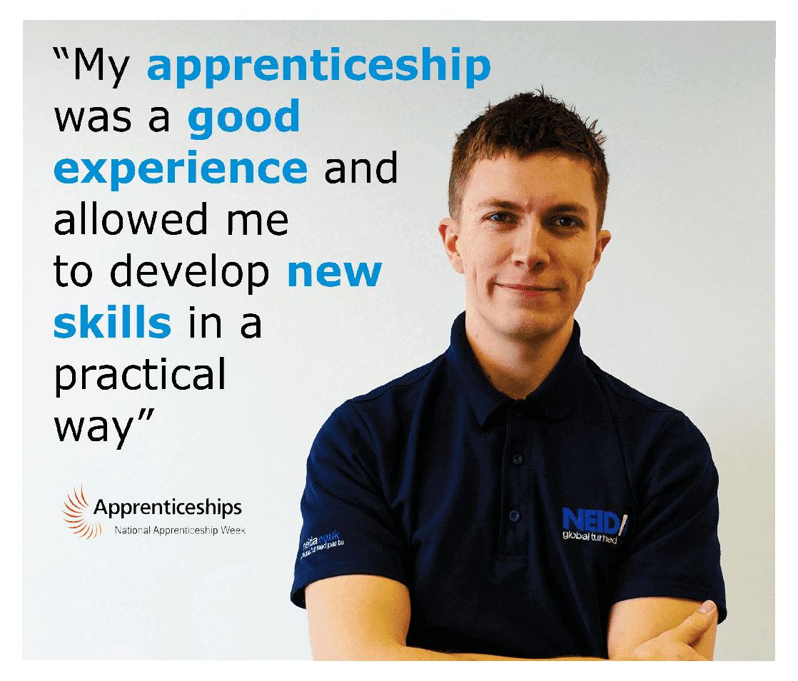 An apprentice, wearing a NEIDA polo shirt, standing confidently in front of a white wall. The apprentice has a positive and enthusiastic expression, indicating a fulfilling experience. In the image, the quote 'My apprenticeship was a good experience and allows me to develop new skills in a practical way' is displayed in clear typography. The image represents the apprentice's satisfaction with their apprenticeship, highlighting the hands-on learning and skill development opportunities provided by NEIDA. It signifies the practical and valuable nature of the apprenticeship program in shaping the apprentice's career journey