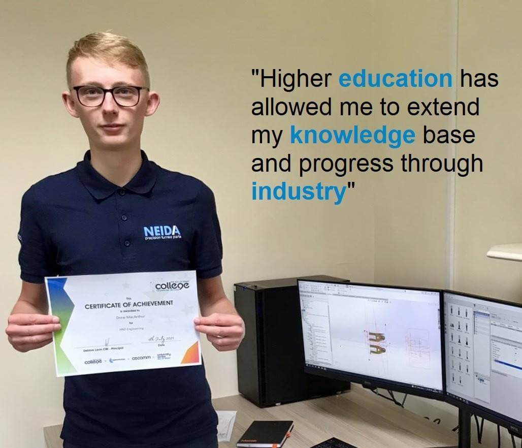 A process engineer apprentice, dressed in professional attire, holding a certificate in their hands. The apprentice has a confident and proud expression. The certificate is prominently displayed and features the quote 'Higher education has allowed me to extend my knowledge base and progress through industry.' The image represents the apprentice's appreciation for higher education and how it has enabled them to expand their knowledge and advance in their chosen field of process engineering.
